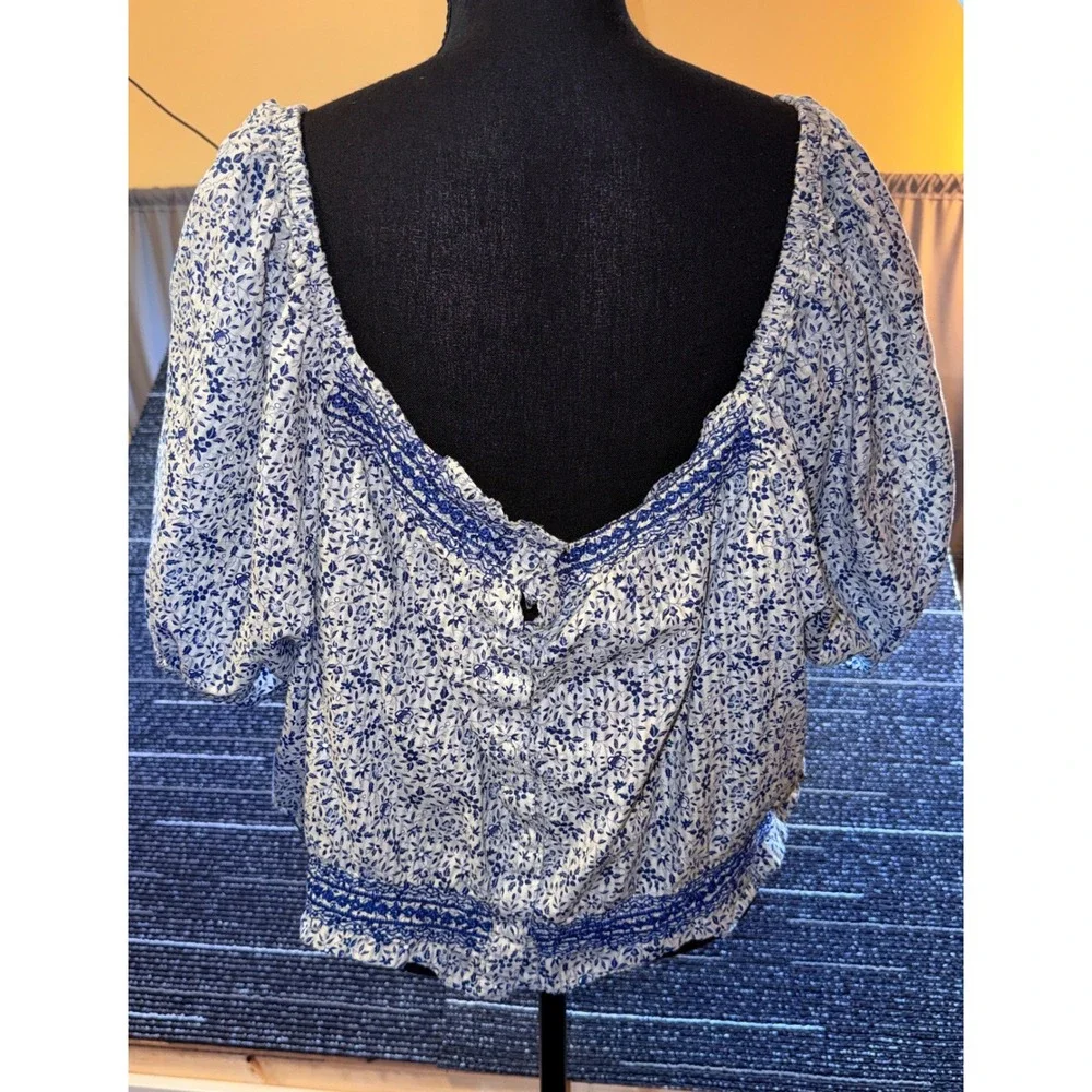 Madewell Blouse Women 4X Excellent BlueWhite Floral Smocked Embroider Cotton Top